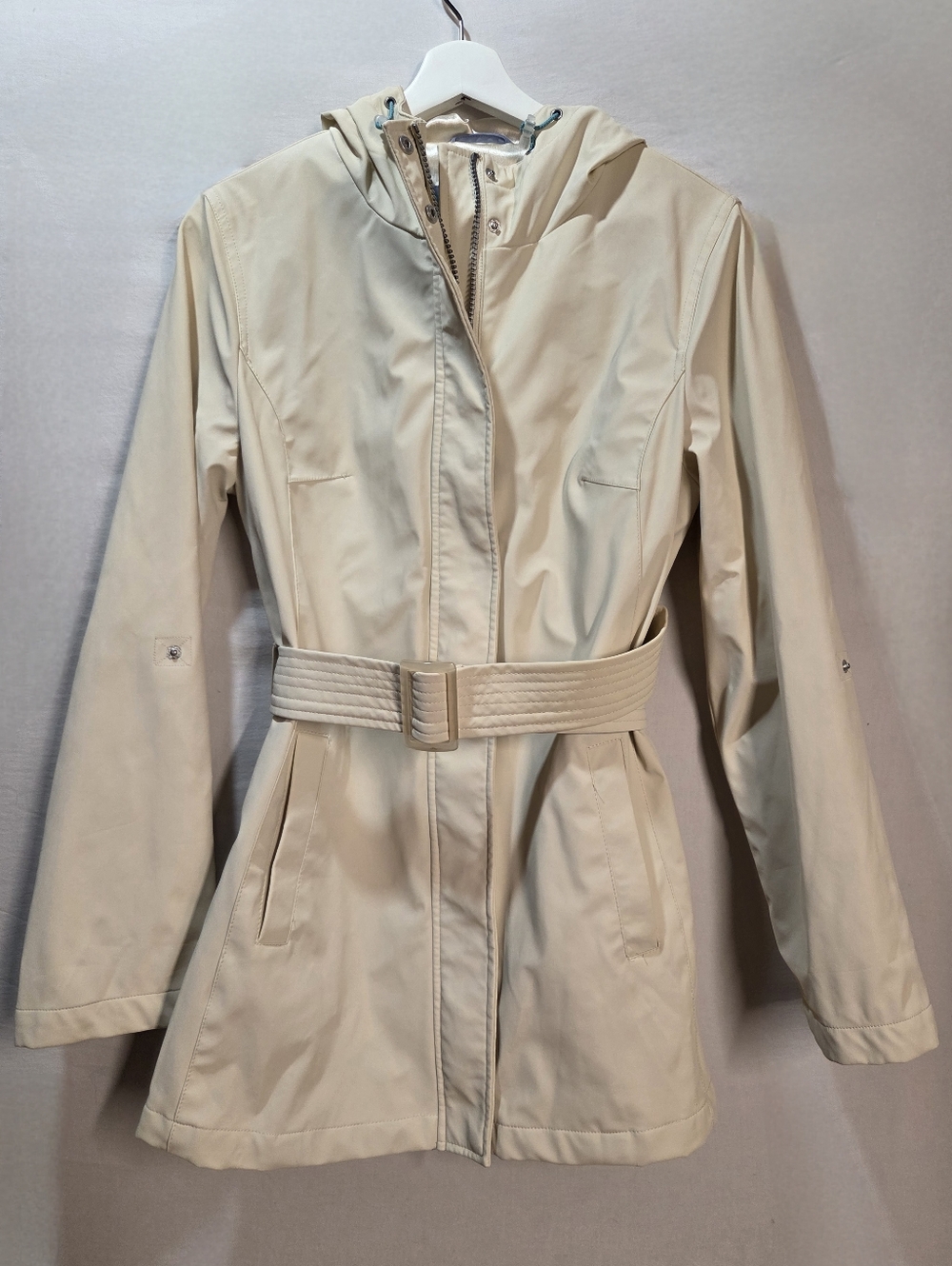 Weatherproof Garment Cream Belted Rainjacket With Hood And Roll Up Sleeves Sz Sm